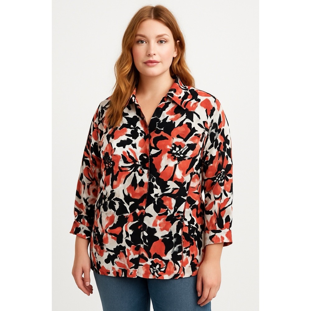 David Brooks Floral Linen Blouse‎ XL Button Front Belted Casual Top